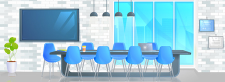 Boardroom Interior Design Home Decor panorama banner. Office Conference hall with long table with modern chairs and full HD tv and loft block wall. Vector catroon illustrationのイラスト素材