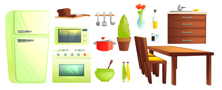 Kitchen furniture and tableware. Dishes and interior objects like microwave and fridge, saucepan, table with chairs, plant . Vector cartoon illustrationのイラスト素材