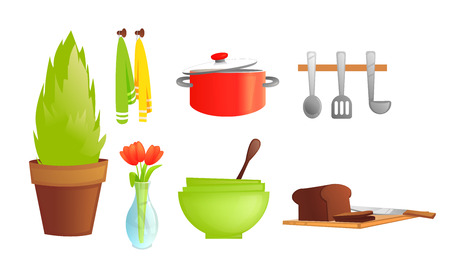 Kitchen tableware. Dishes and interior objects like saucepan, fridge with bread, plant. Vector cartoon illustrationのイラスト素材
