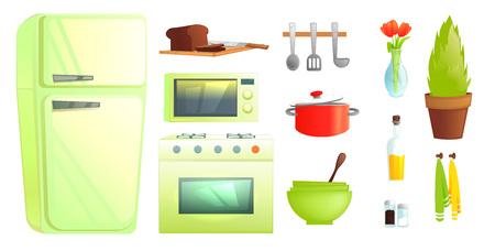 Kitchen furniture and tableware. Dishes and interior objects like microwave and fridge, saucepan,  plant . Vector cartoon illustrationのイラスト素材