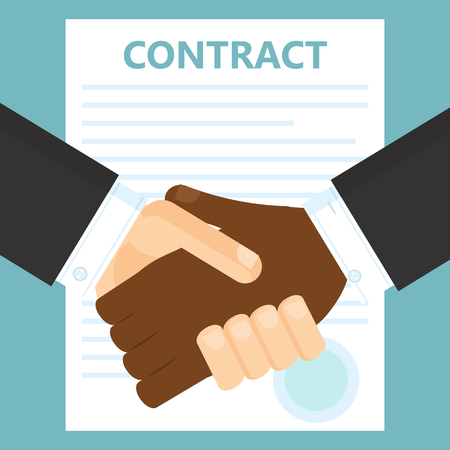 Conclusion of a contract. Two men shake hands. Vector flat illustrationのイラスト素材