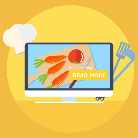 Online recipe banner. Computer with a board and vegetables on the screen. Button read more. Vector flat illustrationのイラスト素材