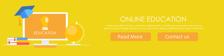 Online education banner. Computer desk with computer, globe, books, graduate cap. Vector flat illustrationのイラスト素材