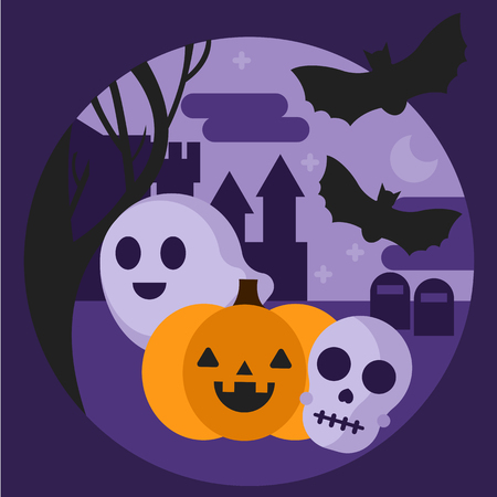 Reduction, pumpkin, skull and bats against the background of a dark castle and grave at night. Vector Flat Cute Cartoon illustration in a circleのイラスト素材