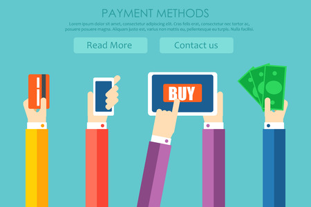Paymen methods banner. Hands pay for the goods, with the help of cash, phone, card. Vector flat illustrationのイラスト素材