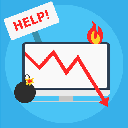 Seo crisis management. Computer is on fire, bomb, table Help.  vector flat illustrationのイラスト素材