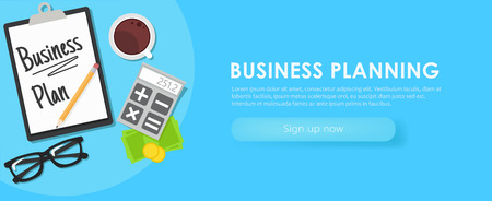 Business planning banner. Workplace with documents, money, glasses, calculator. Vector flat illustrationのイラスト素材