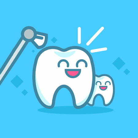 Dentistry Banners Cleaning Teeth. Cute kawaii characters. Vector flat illustrationのイラスト素材