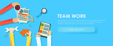 Team work banner. Hands with objects, document, coffee, puzzle. Vector flat illustrationのイラスト素材