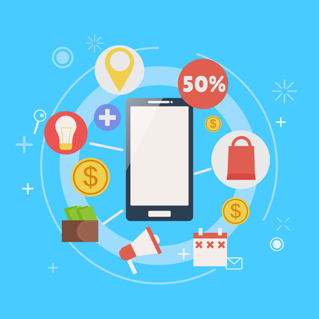 M-commerce phone banner. Vector flat illustrationのイラスト素材