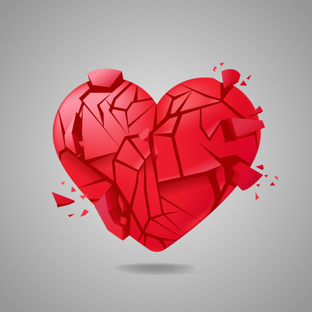 Broken heart sealed fly on gradient font. Red glass shards . Vector realistic illustrationのイラスト素材