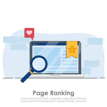 Page ranking on laptop banner.  Browser window with star favorite sign.  flat illustrationの写真素材