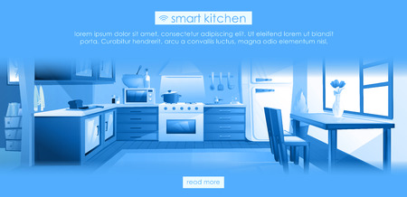 Smart kitchen design banner. Interior home IOT ads. Vector cartoon illustrationのイラスト素材