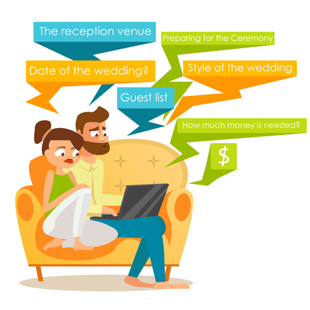 Wedding preparation. Couple sitting together with laptop.  Vector cartoon illustrationのイラスト素材