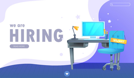 We are hiring banner with office workspace and sign vacant and inscription. Business recruiting concept.のイラスト素材