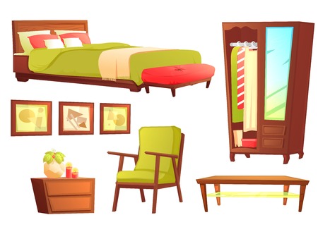 Living or bedroom object set with leather sofa and wooden shelf with frame and books. Stylish furniture - a lamp and a vase and a table. Vector cartoon illustrationのイラスト素材
