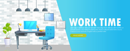 Work time in office banner. Workplace interior design. Desk with computer and chair and diploma on wall. Vector cartoon illustrationのイラスト素材
