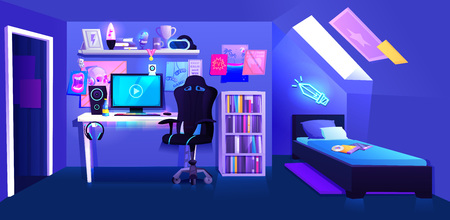 Gamer boy room on attic interior banner. Workplace cyber sportsman gamer. A desk with a computer and headphones and a mouse with light and a gamers chair.のイラスト素材