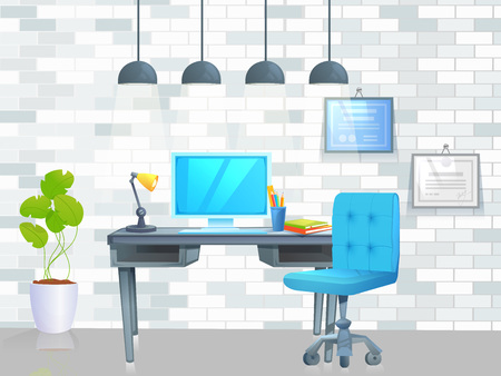 Office furniture design banner. Workplace with table and laptop and coffee. Modern interior .のイラスト素材