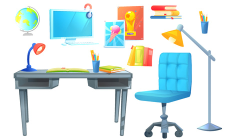 Workplace room interior design set object. Workplace with desk and pc computer, shelves and book.のイラスト素材