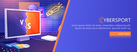ESports banner. Workplace cyber sportsman gamer. Play video games on the console. Vector cartoon illustrationのイラスト素材