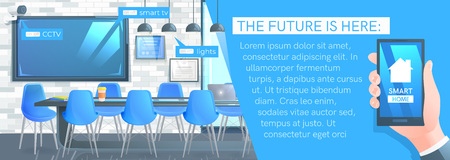 Smart home phone app banner. Man hand with digital screen technology.のイラスト素材