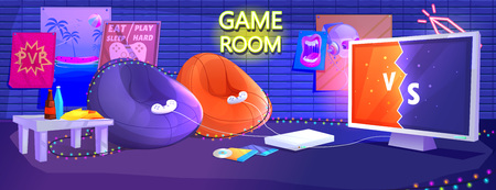 Game club room interior. Play video games on the console with comfortable armchairs and snacks for gamers.のイラスト素材