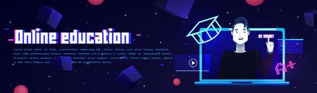 Online education banner. Template with the laptop and man character. On futuristic space background with stars. Vector flat illustrationのイラスト素材
