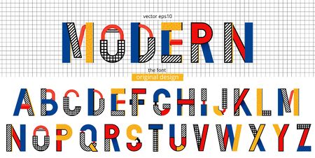 Memphis font in modern style. Graphic vector typeface. Abstract digital letters. Red and yellow and blue colors. Pop art retro alphabet and number set. Typography design.のイラスト素材