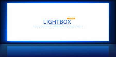 White lightbox screen with neon light on wall. Modern night backgtound with cinema display template design. Vector realisitc mockup.のイラスト素材
