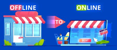 Offline to Online. Commerce Definition banner. Shop on site and shop in real life. Involve Seo Users. flat illustrationのイラスト素材