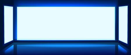 White lightbox screen with neon light on wall. Modern night backgtound with cinema display template design. Vector realisitc mockup.のイラスト素材