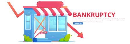 Closed bankruptcy store with falling arrow. Flat vector bannerのイラスト素材