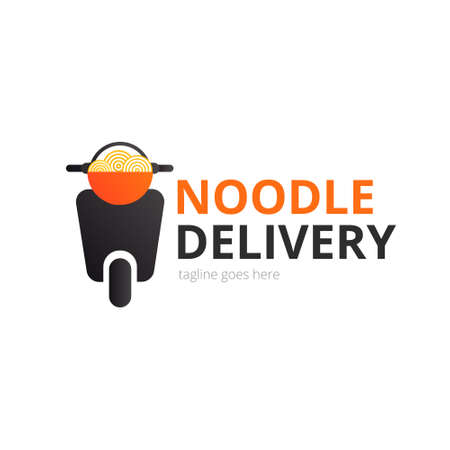 Noodle delivery logo concept. Red bowl with motorcycle. Japanese template vector.のイラスト素材