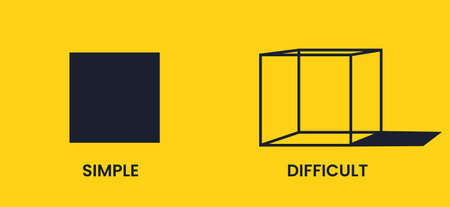 Simple and difficult. Black square and cube on a yellow background. Antonyms vector banner.のイラスト素材