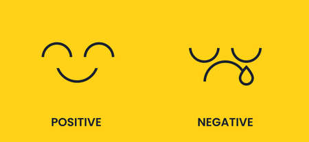 Positive and negative. Sad and cheerful emoticon face with a black smile on a yellow background. Antonyms vector banner.のイラスト素材