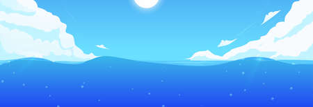 Sea landscape for game background design. Cartoon ocean wave illustration. Blue water and sky with clouds.のイラスト素材