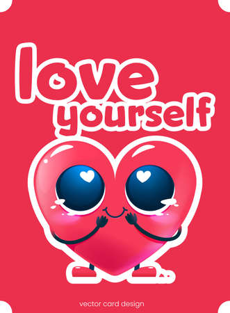 Love yourself in cartoon style. Vector funny illustration. Greeting card with heart character.のイラスト素材