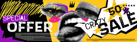 Discounts vector collage grunge banner. Lips and eyes in parted, above them a crown. Crazy 50...