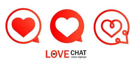 Abstract illustration with red heart chat for app design. Talk bubble. Contact icon vector set.のイラスト素材