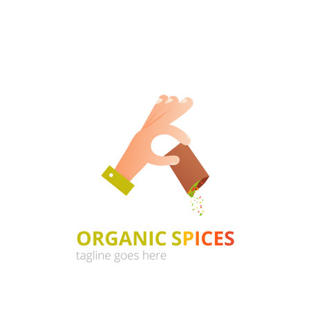 Spices logo concept design. Food vector illustration. Healthy simple logotype. The chefs hand pours the seasoningsのイラスト素材