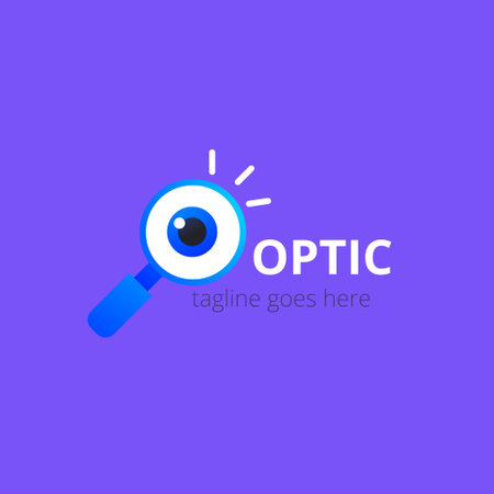 Eye logo on violet background. Vector design template. Logotype with seo sign. Magnifying glassのイラスト素材