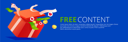 Free content. Gift box with ribbon and money and crown and other bonuses. Vector cartoon illustration.のイラスト素材