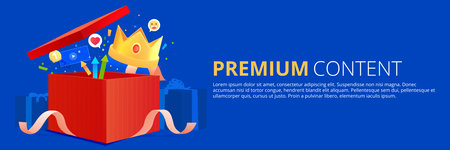 Premium content. Gift box with ribbon and money and crown and other bonuses. Vector cartoon illustrationのイラスト素材