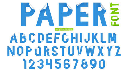 Sticker font in paper art style on white background. Vector type illustration set.のイラスト素材