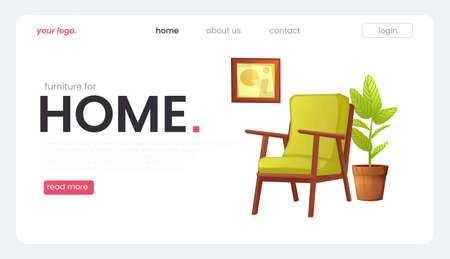 The landing page for a furniture store. The white banner with armchair and a plant and a picture in a frame. A vector cartoon illustration.のイラスト素材