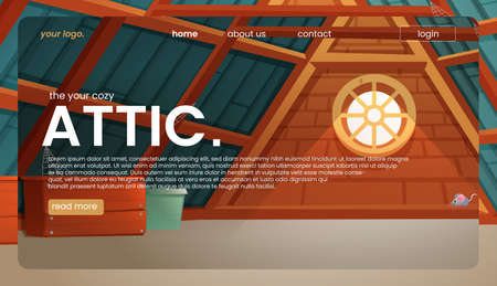 The attic landing page design. An old room interior for banner concept. A vector cartoon illustration.のイラスト素材