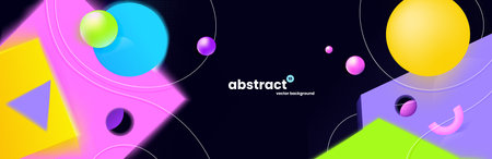 Abstract geometric background with 3d formes. Colored shapes on a dark blue banner. Vector template designのイラスト素材