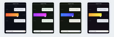 Template for a chat with a bot. The messages with a wireframe. Set of the colorful and neon designs. An online doctor messenger window. Vector isolated collection.のイラスト素材