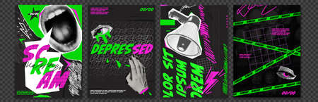 Discounts vector collage grunge flyers. . Doodle elements on retro poster. Stylish modern...